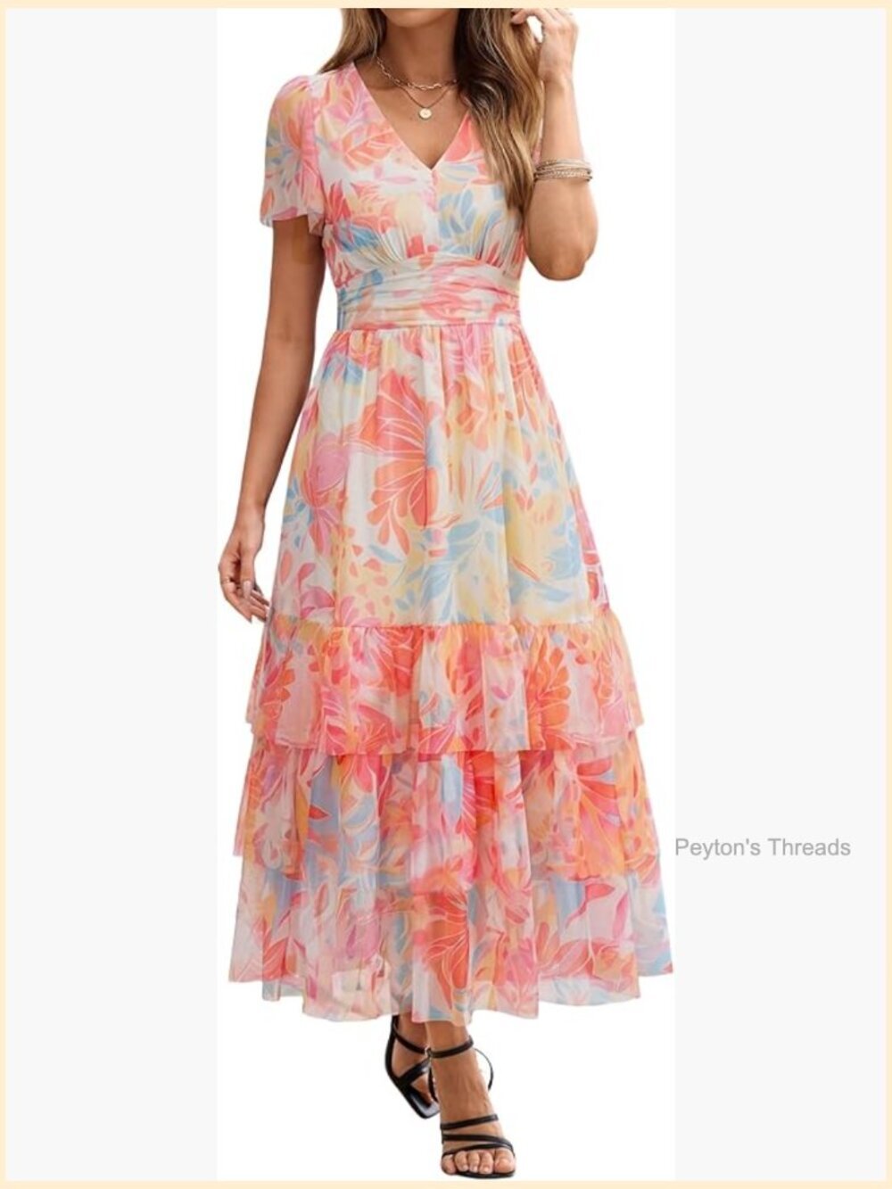 Floral Maxi Dress V Neck Short Sleeve Boho Flowy Tiered Ruffle Mesh Wedding